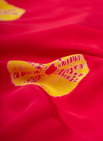 (Pre Cut-2.5 Meter) Pure Modal Satin Magenta And Yellow Geometrical Pattern Tie And Dye Fabric