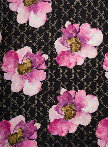 (Pre Cut -0.75 Meter) Pure Dola Silk Black Color Jacqurad With Big Floral Pattern Fabric.
