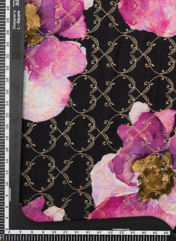 (Pre Cut -0.75 Meter) Pure Dola Silk Black Color Jacqurad With Big Floral Pattern Fabric.