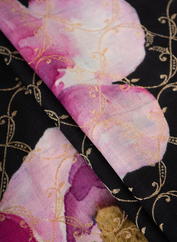 (Pre Cut -0.75 Meter) Pure Dola Silk Black Color Jacqurad With Big Floral Pattern Fabric.