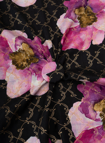 (Pre Cut -0.75 Meter) Pure Dola Silk Black Color Jacqurad With Big Floral Pattern Fabric.
