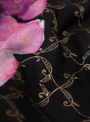 (Pre Cut -0.75 Meter) Pure Dola Silk Black Color Jacqurad With Big Floral Pattern Fabric.
