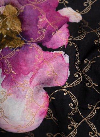 (Pre Cut -0.75 Meter) Pure Dola Silk Black Color Jacqurad With Big Floral Pattern Fabric.