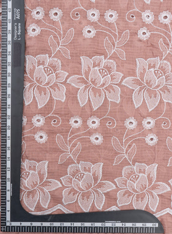 (Pre Cut -1 Meter) Cotton Kota Checks Light Mauve Color Thread Work Floral Embroidery Fabric.