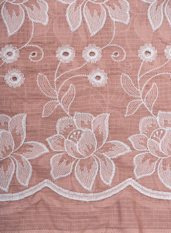 (Pre Cut -1 Meter) Cotton Kota Checks Light Mauve Color Thread Work Floral Embroidery Fabric.