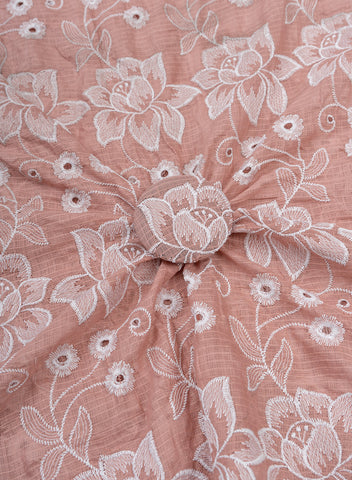 (Pre Cut -1 Meter) Cotton Kota Checks Light Mauve Color Thread Work Floral Embroidery Fabric.