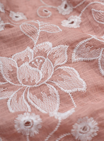 (Pre Cut -1 Meter) Cotton Kota Checks Light Mauve Color Thread Work Floral Embroidery Fabric.