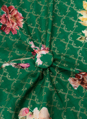 Pure Dola Silk Jade Green Color Jacqurad With Big Floral Pattern Fabric.