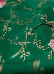 Pure Dola Silk Jade Green Color Jacqurad With Big Floral Pattern Fabric.