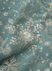 Pure Georgette Sky Blue Color Floral Sequins Embroidery Fabric.