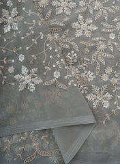 Pure Georgette Grey Color Floral Sequins Embroidery Fabric.