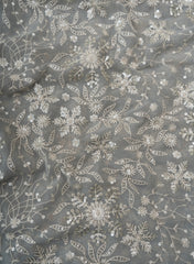 Pure Georgette Grey Color Floral Sequins Embroidery Fabric.