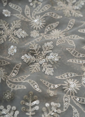 Pure Georgette Grey Color Floral Sequins Embroidery Fabric.