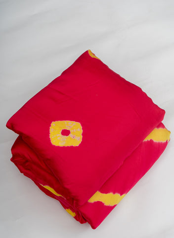 (Pre Cut-2.5 Meter) Pure Modal Satin Magenta And Yellow Geometrical Pattern Tie And Dye Fabric