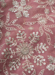 Pure Georgette Peach Color Floral Sequins Embroidery Fabric.