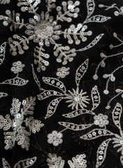 Pure Georgette Black Color Floral Sequins Embroidery Fabric.