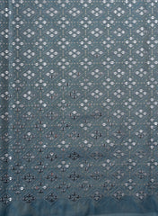 Pure Tissue Pantone Cerulean Blue Color Geometric Pattern Sequins Embroidery Fabric.