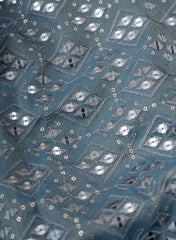 Pure Tissue Pantone Cerulean Blue Color Geometric Pattern Sequins Embroidery Fabric.