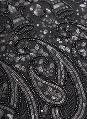 Pure Georgette Black Color Paisley Pattern Sequins Embroidery Fabric.