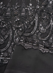 Pure Georgette Black Color Paisley Pattern Sequins Embroidery Fabric.