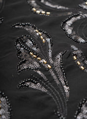 Pure Georgette Black Color Floral Pattern Sequins Embroidery Fabric.