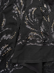 Pure Georgette Black Color Floral Pattern Sequins Embroidery Fabric.