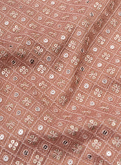 Pure Tissue Peach Color Geometric Pattern Sequins Embroidery Fabric.