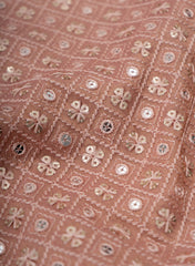 Pure Tissue Peach Color Geometric Pattern Sequins Embroidery Fabric.