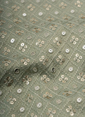 Pure Tissue Pastel Green Color Geometric Pattern Sequins Embroidery Fabric.