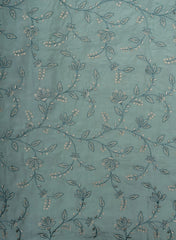 Pure Muslin Sky Blue Color Kalamkari Floral Pattern Embroidery Fabric.