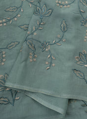 Pure Muslin Sky Blue Color Kalamkari Floral Pattern Embroidery Fabric.