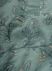 Pure Muslin Sky Blue Color Kalamkari Floral Pattern Embroidery Fabric.