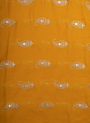 Pure Georgette Amber Yellow Color Paisley Golden Thread Work Embroidery Fabric.