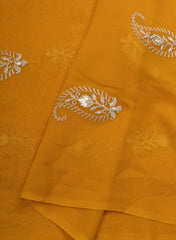 Pure Georgette Amber Yellow Color Paisley Golden Thread Work Embroidery Fabric.