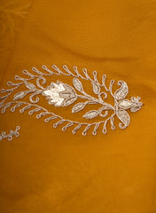 Pure Georgette Amber Yellow Color Paisley Golden Thread Work Embroidery Fabric.