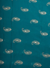 Pure Georgette Aqua Blue Color Paisley Golden Thread Work Embroidery Fabric.