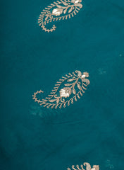 Pure Georgette Aqua Blue Color Paisley Golden Thread Work Embroidery Fabric.