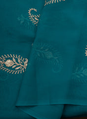 Pure Georgette Aqua Blue Color Paisley Golden Thread Work Embroidery Fabric.