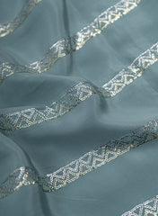 Pure Crepe Sky Blue Color Zigzag Strip Pattern Sequins Embroidery fabric.