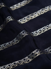 Pure Crepe Navy Blue Color Zigzag Strip Pattern Sequins Embroidery fabric.