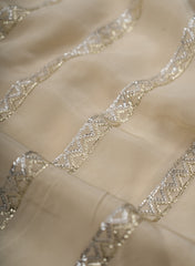 Pure Crepe Cream Color Zigzag Strip Pattern Sequins Embroidery fabric.