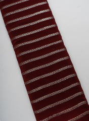 Pure Crepe Dark Maroon Color Zigzag Strip Pattern Sequins Embroidery fabric.