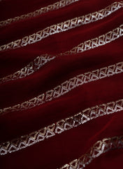 Pure Crepe Dark Maroon Color Zigzag Strip Pattern Sequins Embroidery fabric.