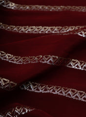 Pure Crepe Dark Maroon Color Zigzag Strip Pattern Sequins Embroidery fabric.