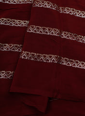 Pure Crepe Dark Maroon Color Zigzag Strip Pattern Sequins Embroidery fabric.