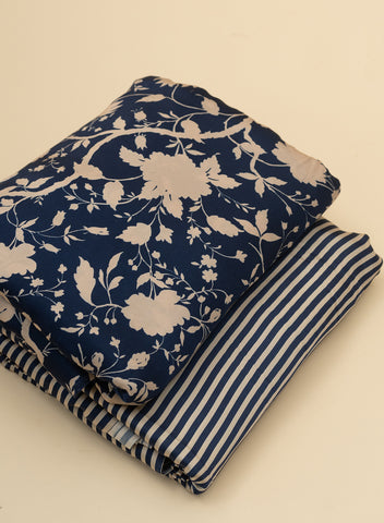 (Pre Cut 1-Meter) Pure Modal Satin Navy Blue Color floral Digital Print Fabric.