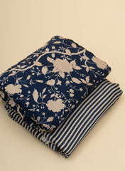 Pure Modal Satin Navy Blue Color Strip Pattern Digital Print Fabric.