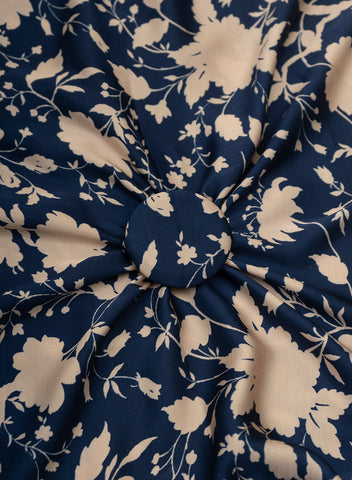 (Pre Cut 1-Meter) Pure Modal Satin Navy Blue Color floral Digital Print Fabric.