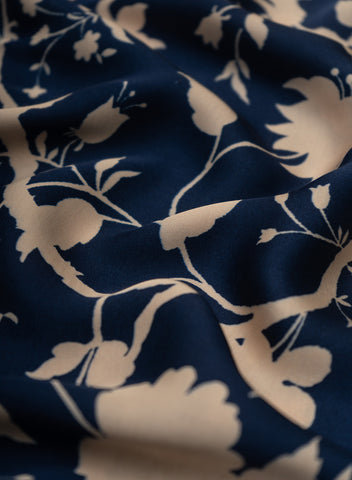 (Pre Cut 1-Meter) Pure Modal Satin Navy Blue Color floral Digital Print Fabric.