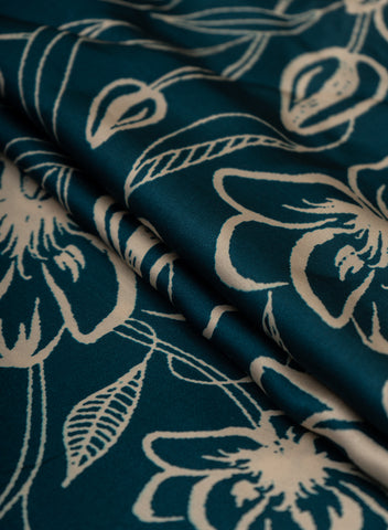 (Pre Cut 2-Meter) Pure Modal Satin Royal Blue Color floral Digital Print Fabric.